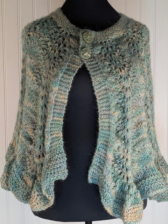 Sweaters - Hand Crafted OOAK Green and Beige Wool Blend Cape Cardigan with Buttons